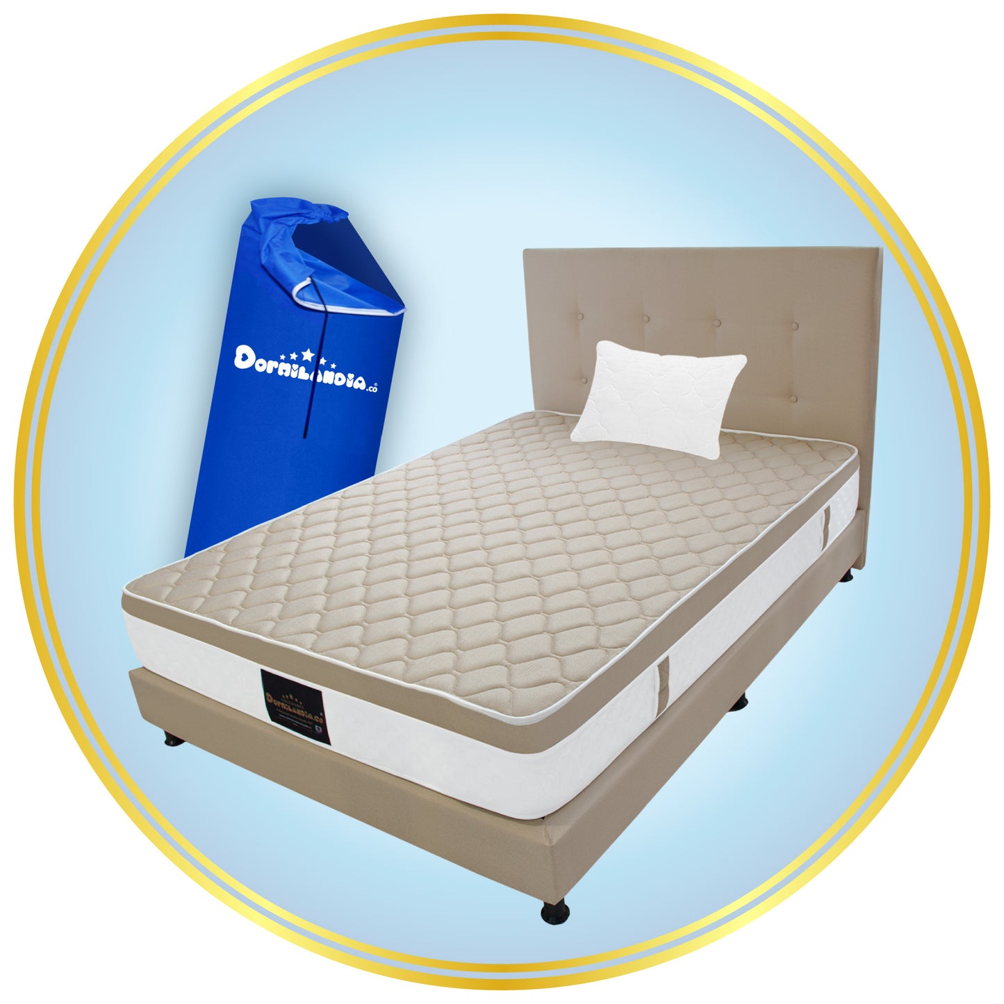 Mega combo Colchón Resortado Dublín Enrollado En Tula Confortable + Base Cama + Cabecero + Almohadas