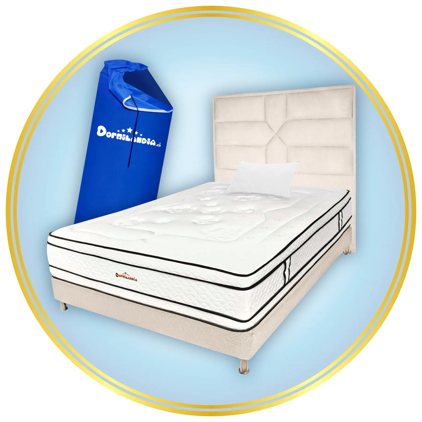 Mega Combo Colchón Pocket Infinity Enrollado En Tula Confortable + Base Cama + Cabecero + Almohadas
