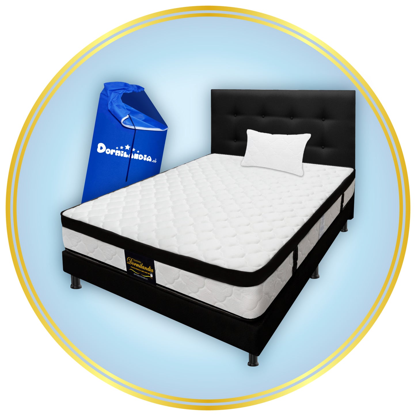 Mega Combo Colchón Resortado Versalles Enrollado En Tula Confortable + Base Cama + Cabecero + Almohadas