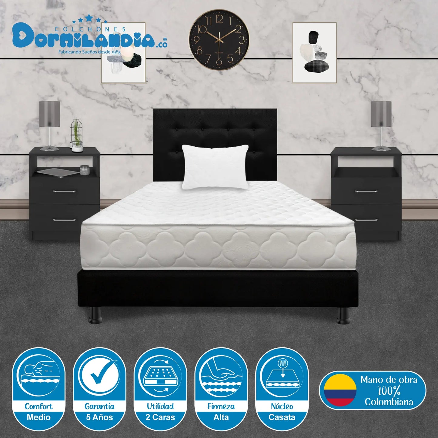 Mega Combo Colchón Espumado Macizo + Base Cama + Cabecero + Almohadas