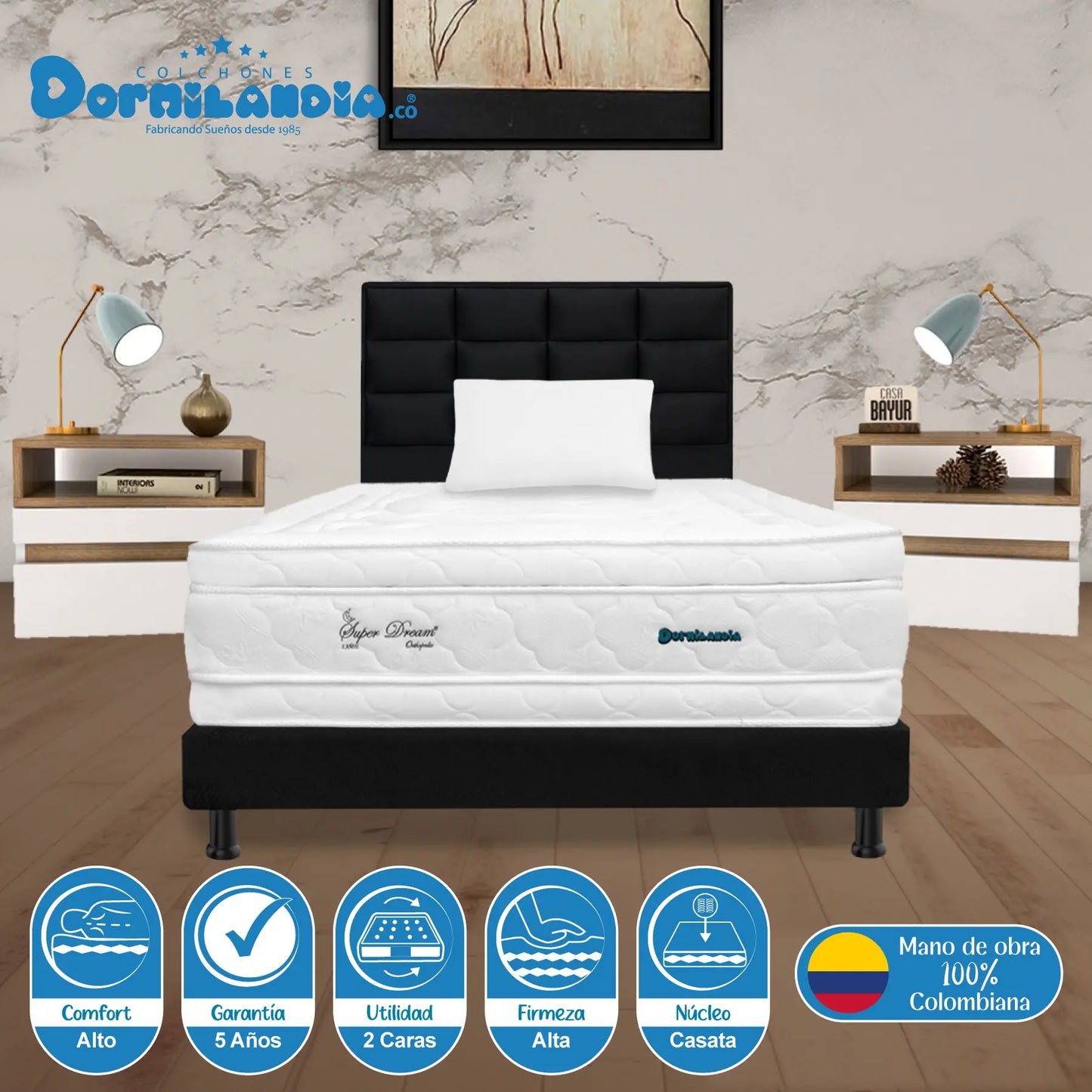 Mega Combo Colchón Resortado Super Dream Plus + Base Cama + Cabecero + Almohadas