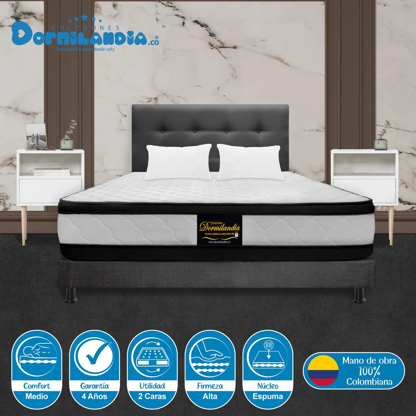 Mega Combo Colchón Espumado Malta + Base Cama + Cabecero + Almohadas