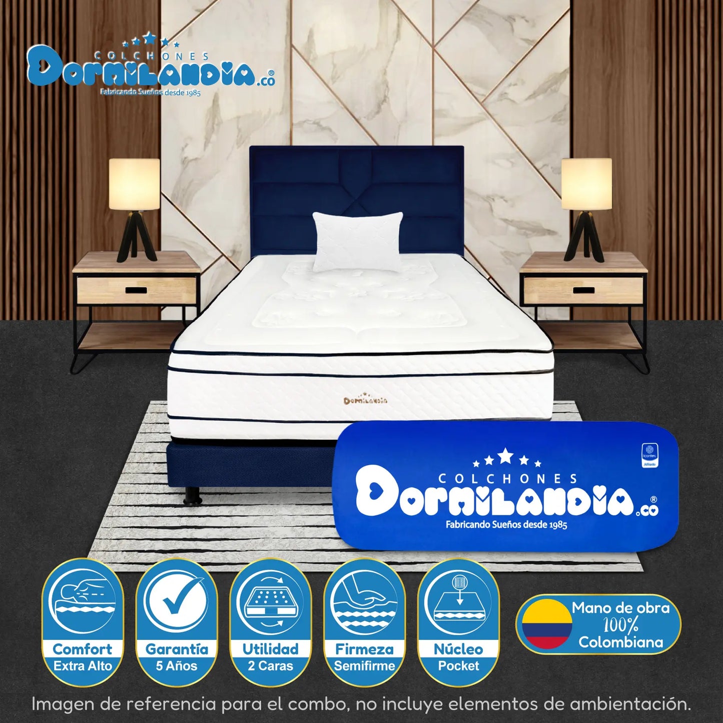 Mega Combo Colchón Pocket Infinity Enrollado En Tula Confortable + Base Cama + Cabecero + Almohadas