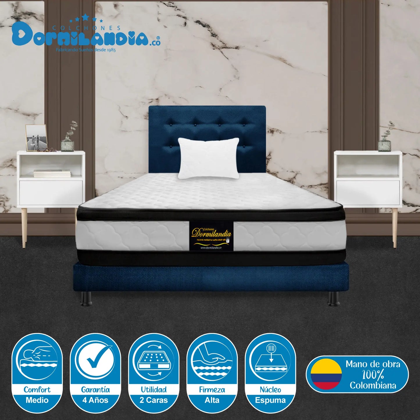 Mega Combo Colchón Espumado Malta + Base Cama + Cabecero + Almohadas