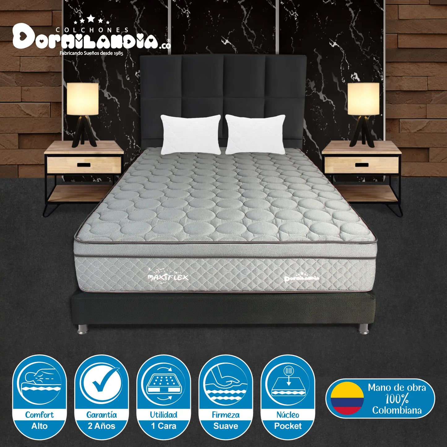 Mega Combo Colchón Pocket Maxiflex + Base Cama + Cabecero + Almohadas