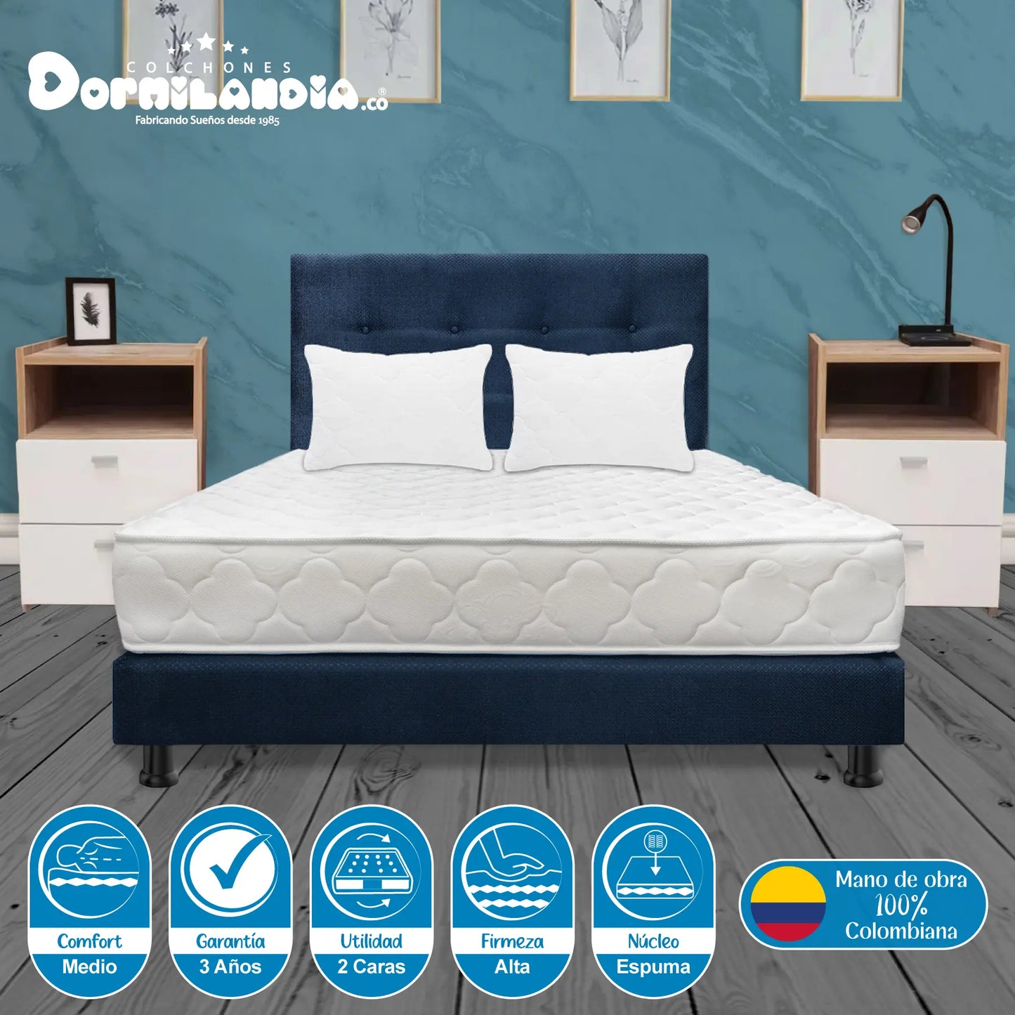 Mega Combo Colchón Espumado Ultraflex + Base Cama + Cabecero + Almohadas