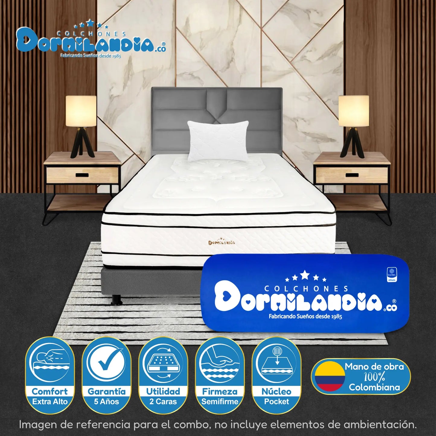 Mega Combo Colchón Pocket Infinity Enrollado En Tula Confortable + Base Cama + Cabecero + Almohadas