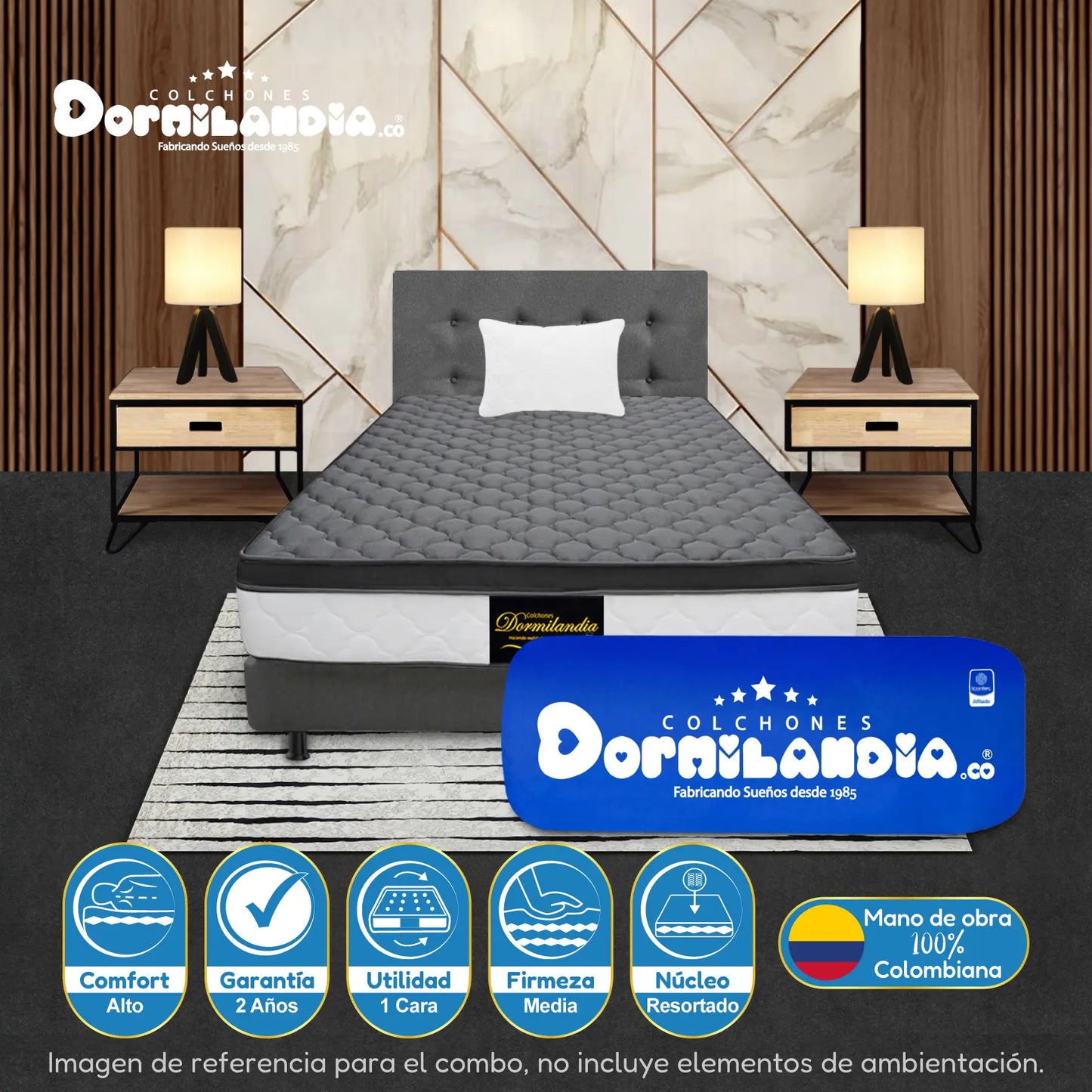 Mega combo Colchón Resortado Dublín Enrollado En Tula Confortable + Base Cama + Cabecero + Almohadas