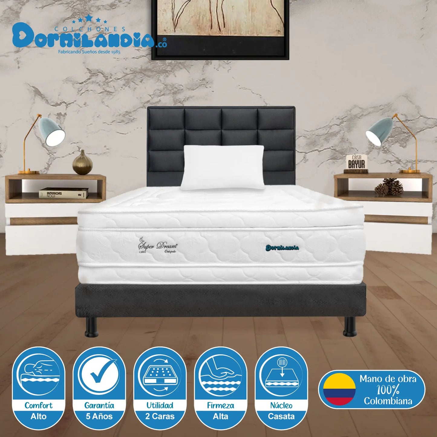 Mega Combo Colchón Resortado Super Dream Plus + Base Cama + Cabecero + Almohadas