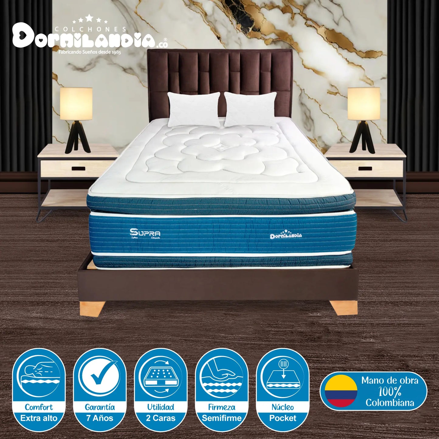 Mega Combo Colchón Pocket Supra + Base Cama + Cabecero + Almohadas