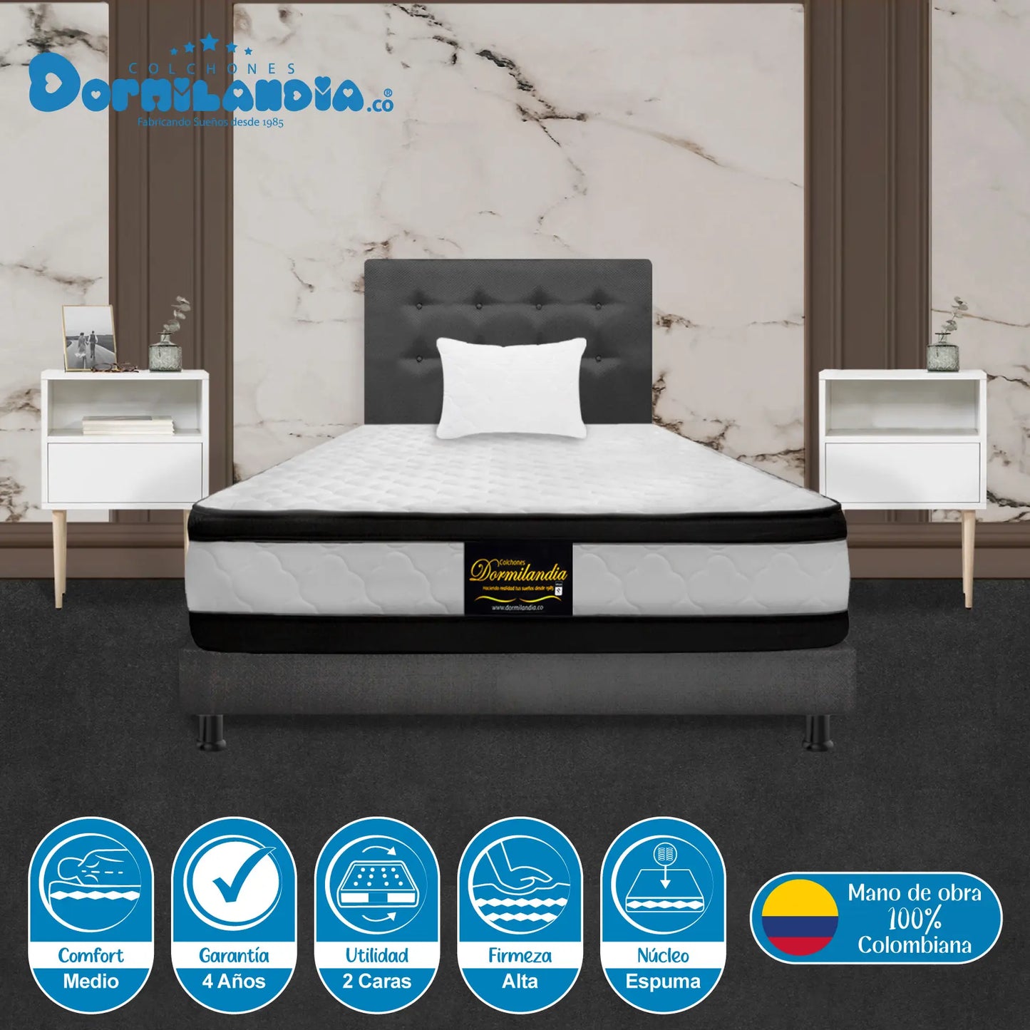 Mega Combo Colchón Espumado Malta + Base Cama + Cabecero + Almohadas