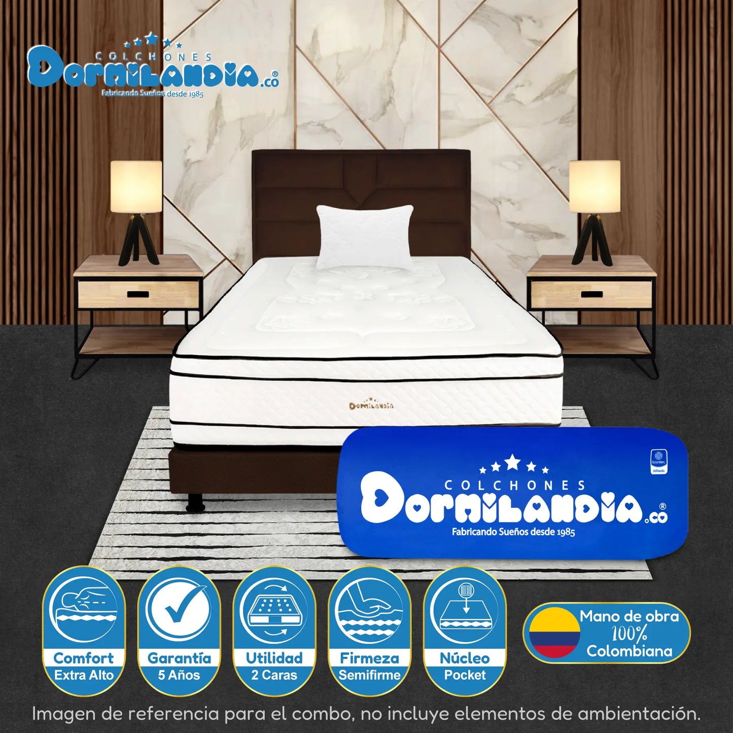 Mega Combo Colchón Pocket Infinity Enrollado En Tula Confortable + Base Cama + Cabecero + Almohadas