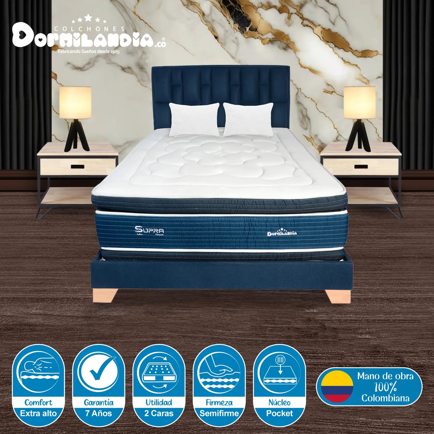 Mega Combo Colchón Pocket Supra + Base Cama + Cabecero + Almohadas