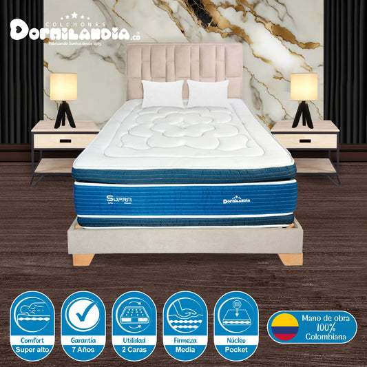 Mega Combo Colchón Supra Pocket + Base Cama + Cabecero + Almohadas