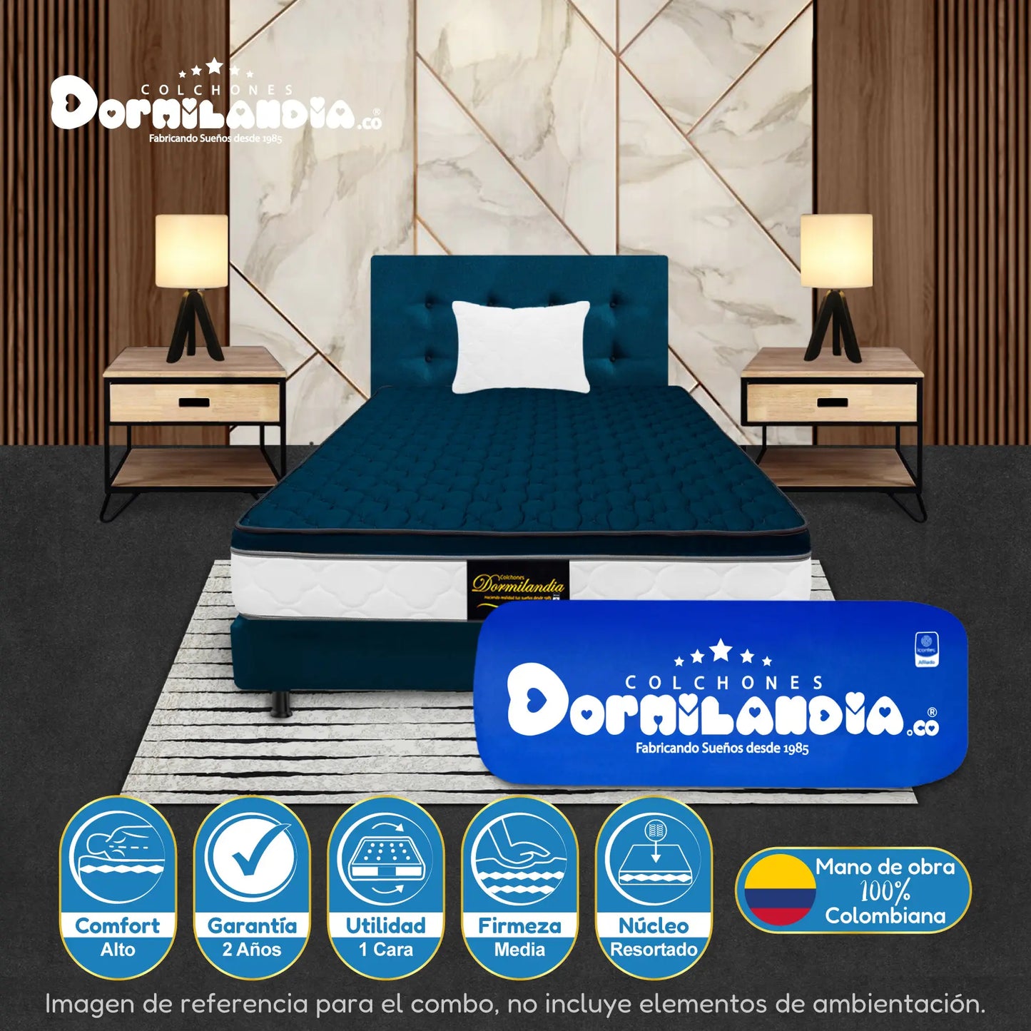Mega combo Colchón Resortado Dublín Enrollado En Tula Confortable + Base Cama + Cabecero + Almohadas