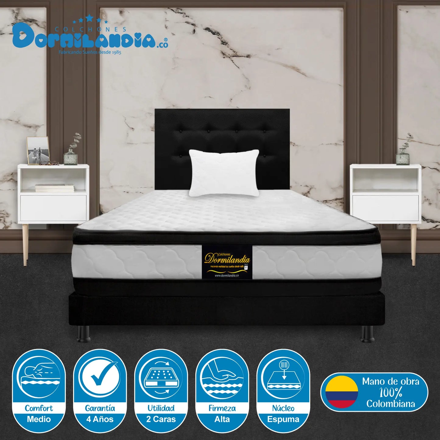 Mega Combo Colchón Espumado Malta + Base Cama + Cabecero + Almohadas