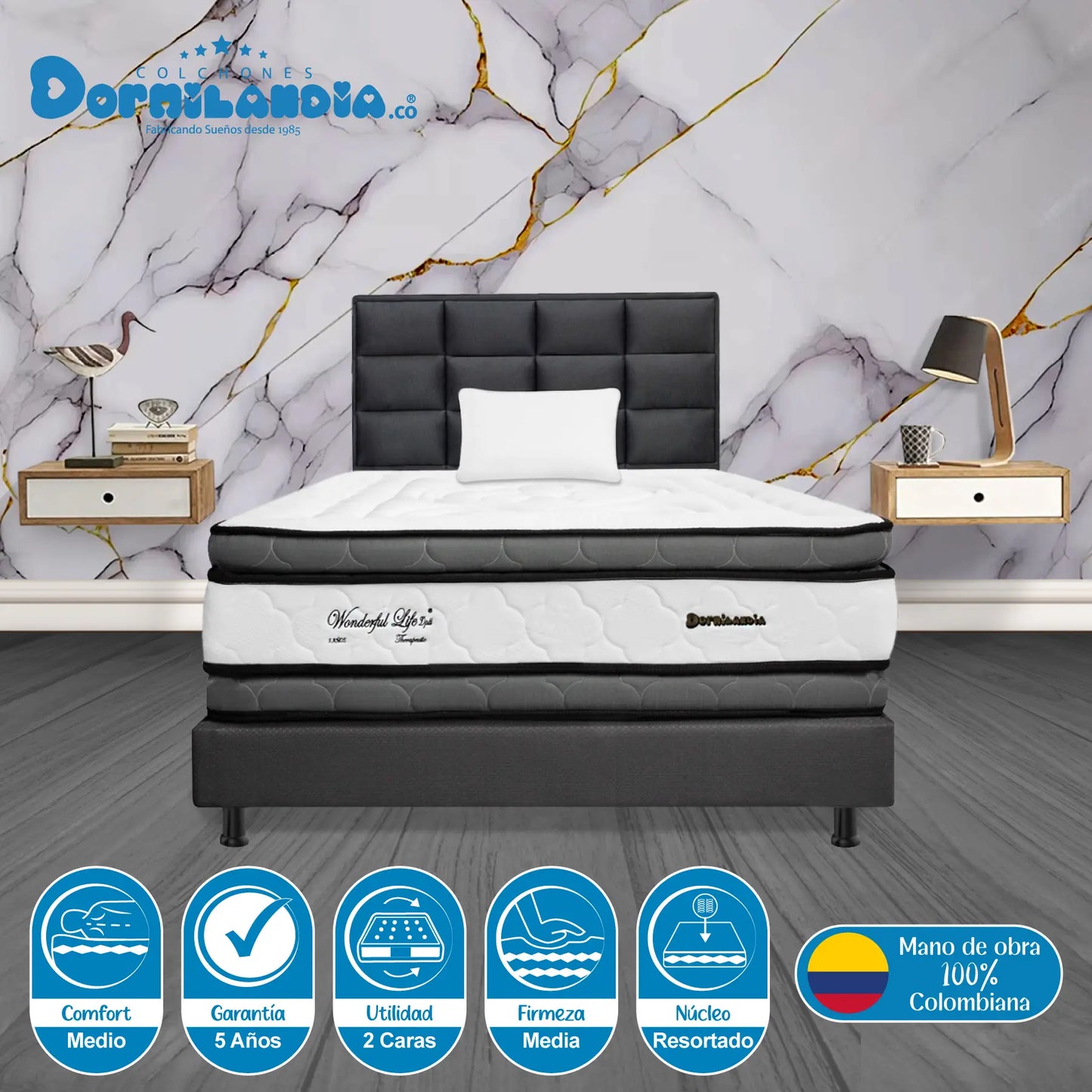 Mega Combo Colchón Resortado Wonderful DP + Base Cama + Cabecero + Almohadas