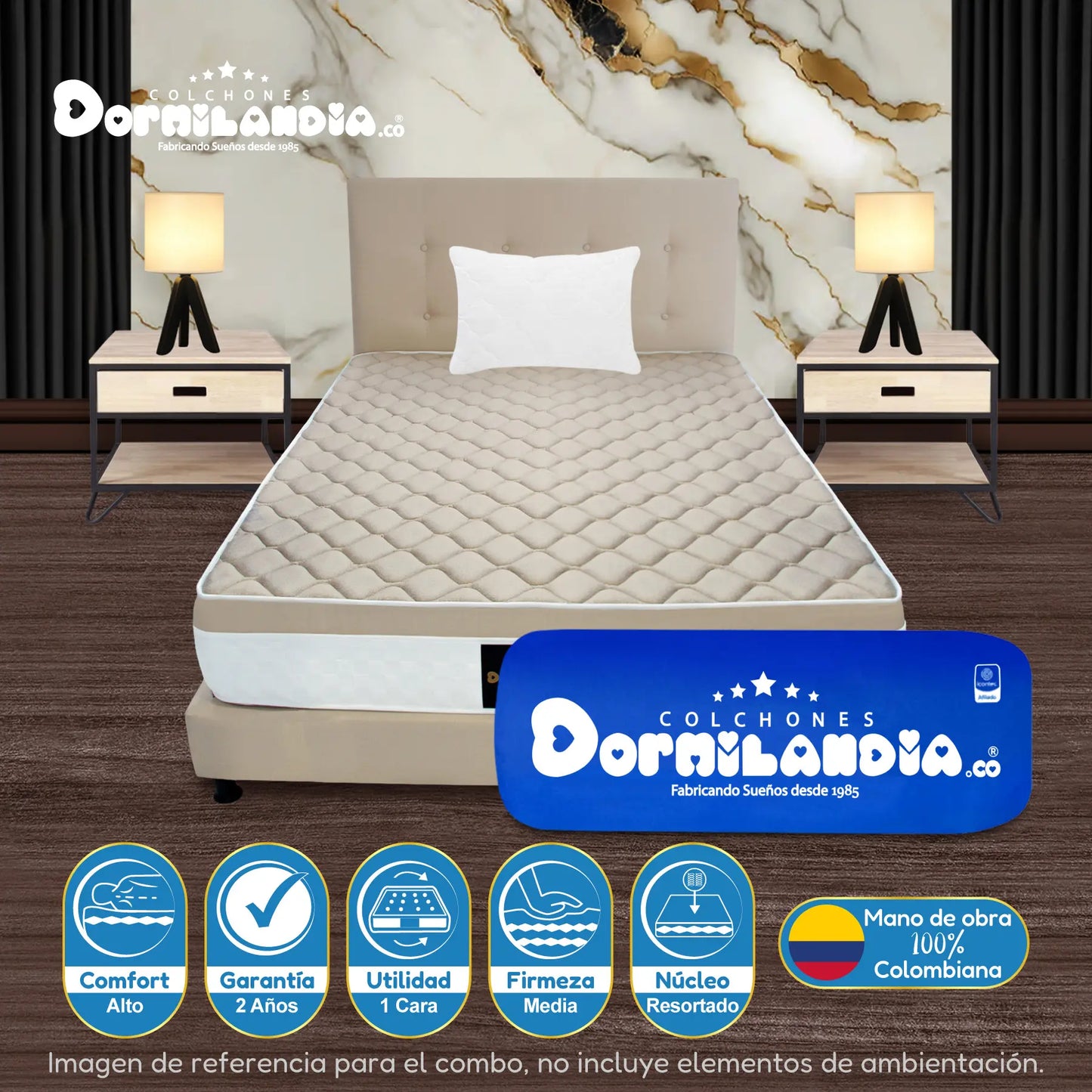 Mega combo Colchón Resortado Dublín Enrollado En Tula Confortable + Base Cama + Cabecero + Almohadas