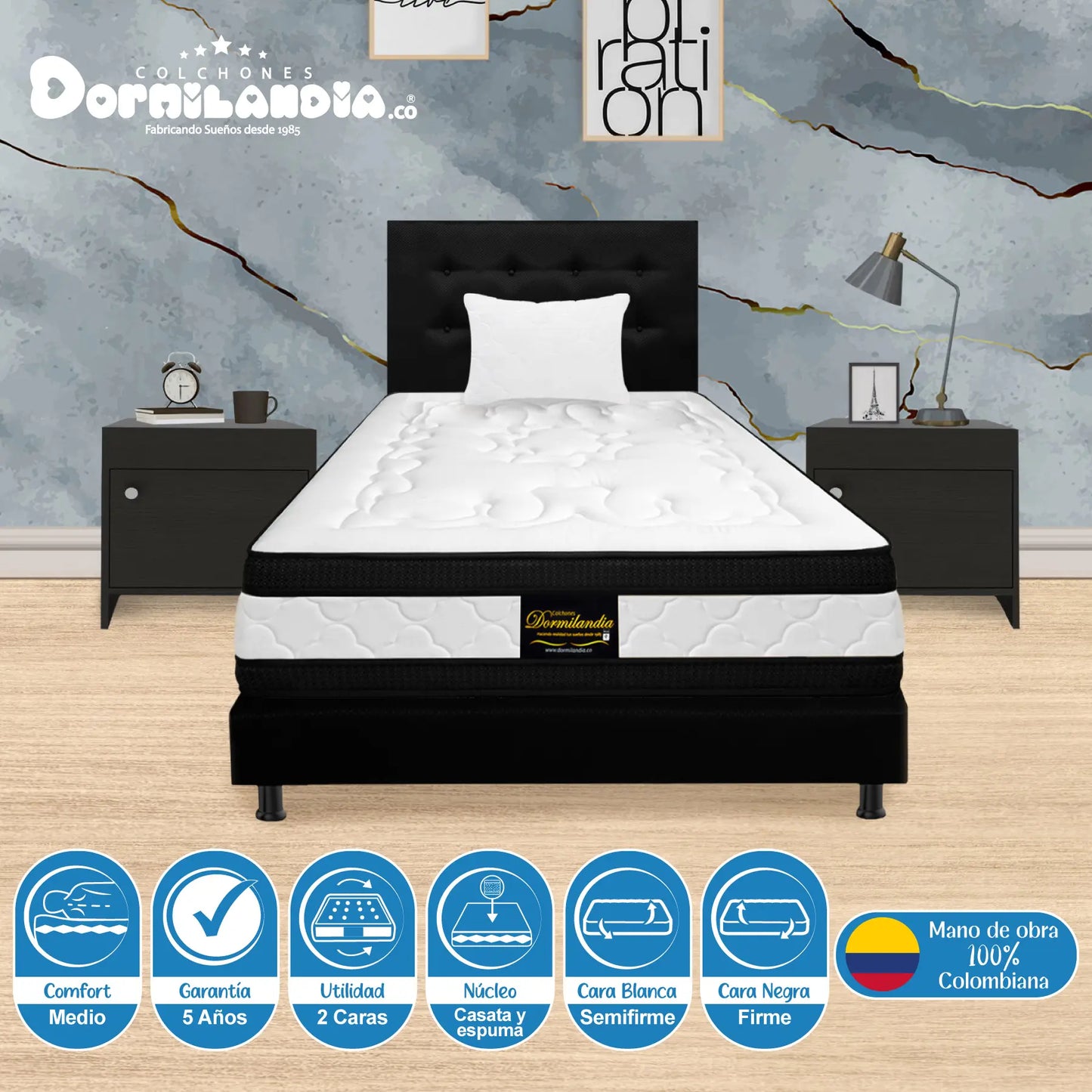 Mega Combo Colchón Híbrido Espumado Doble Sensacíon + Base Cama + Cabecero + Almohadas