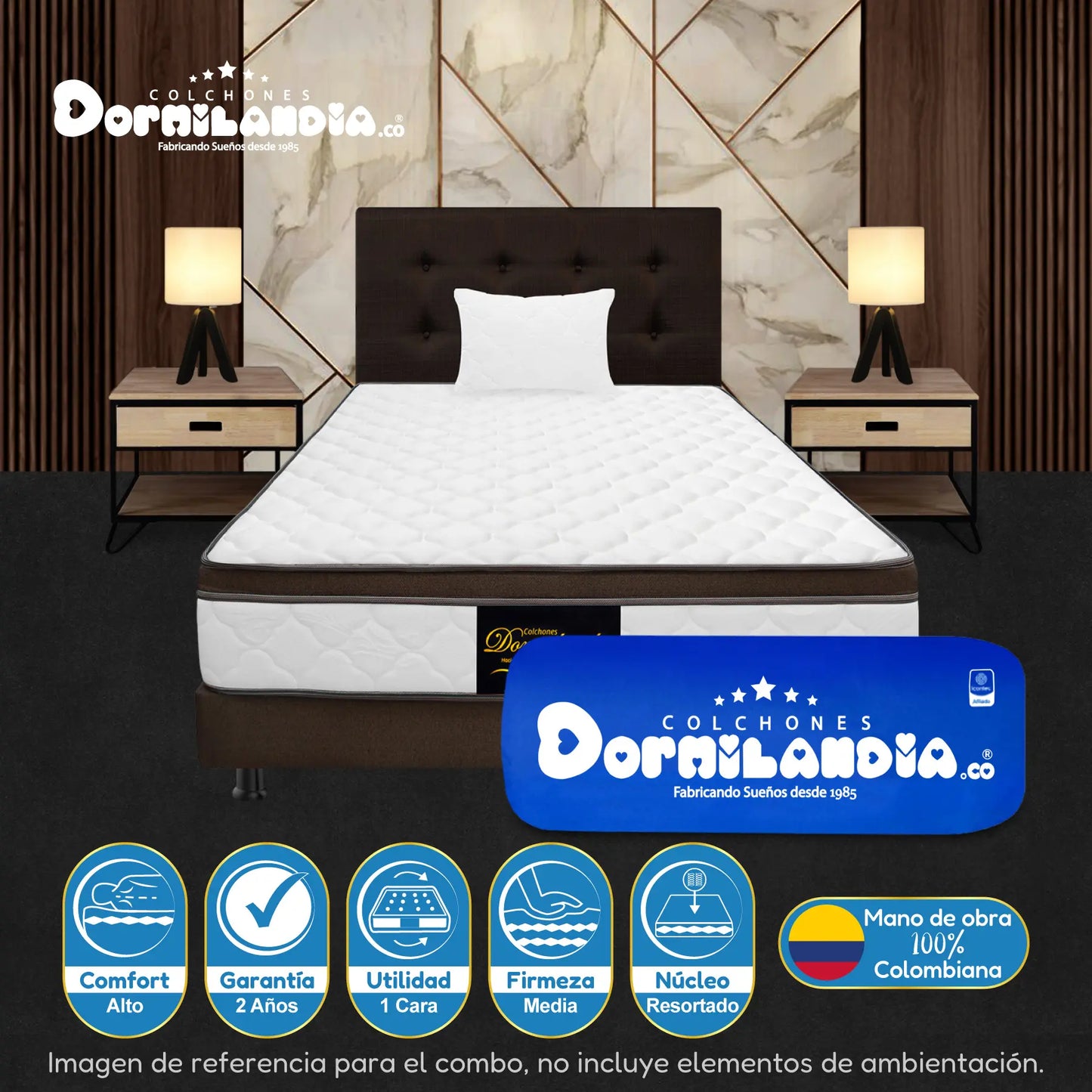 Mega combo Colchón Resortado Dublín Enrollado En Tula Confortable + Base Cama + Cabecero + Almohadas