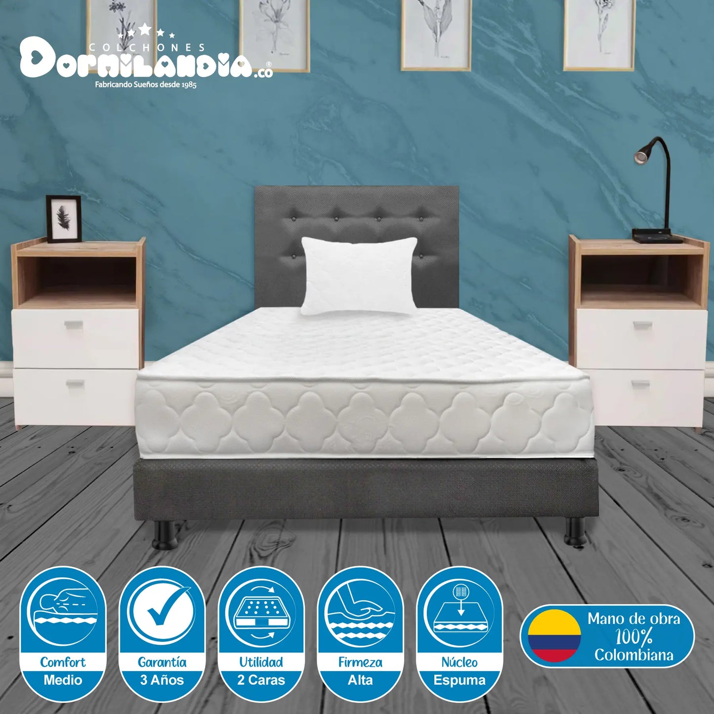 Mega Combo Colchón Espumado Ultraflex + Base Cama + Cabecero + Almohadas