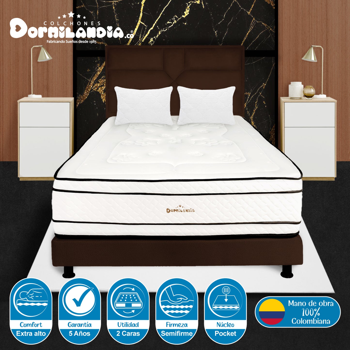Mega Combo Colchón Pocket Infinity + Base Cama + Cabecero + Almohadas