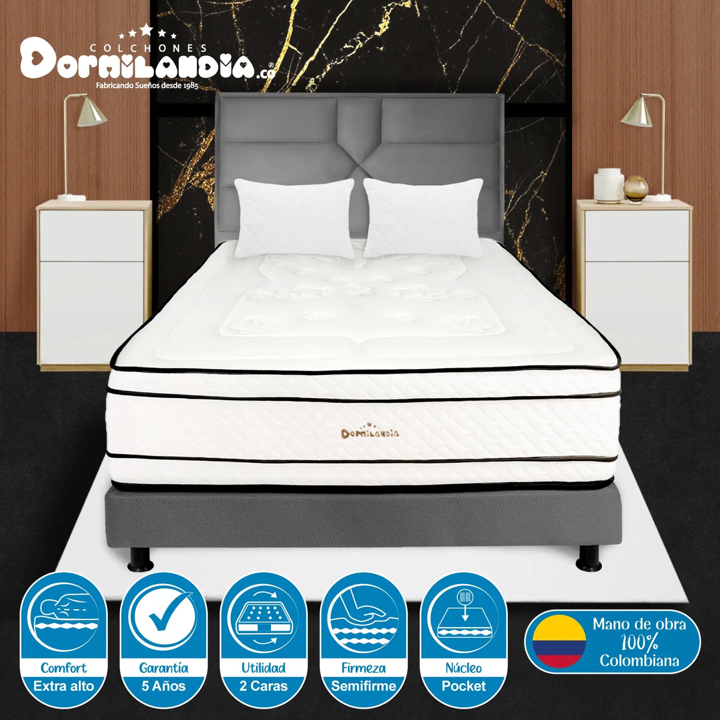 Mega Combo Colchón Pocket Infinity + Base Cama + Cabecero + Almohadas