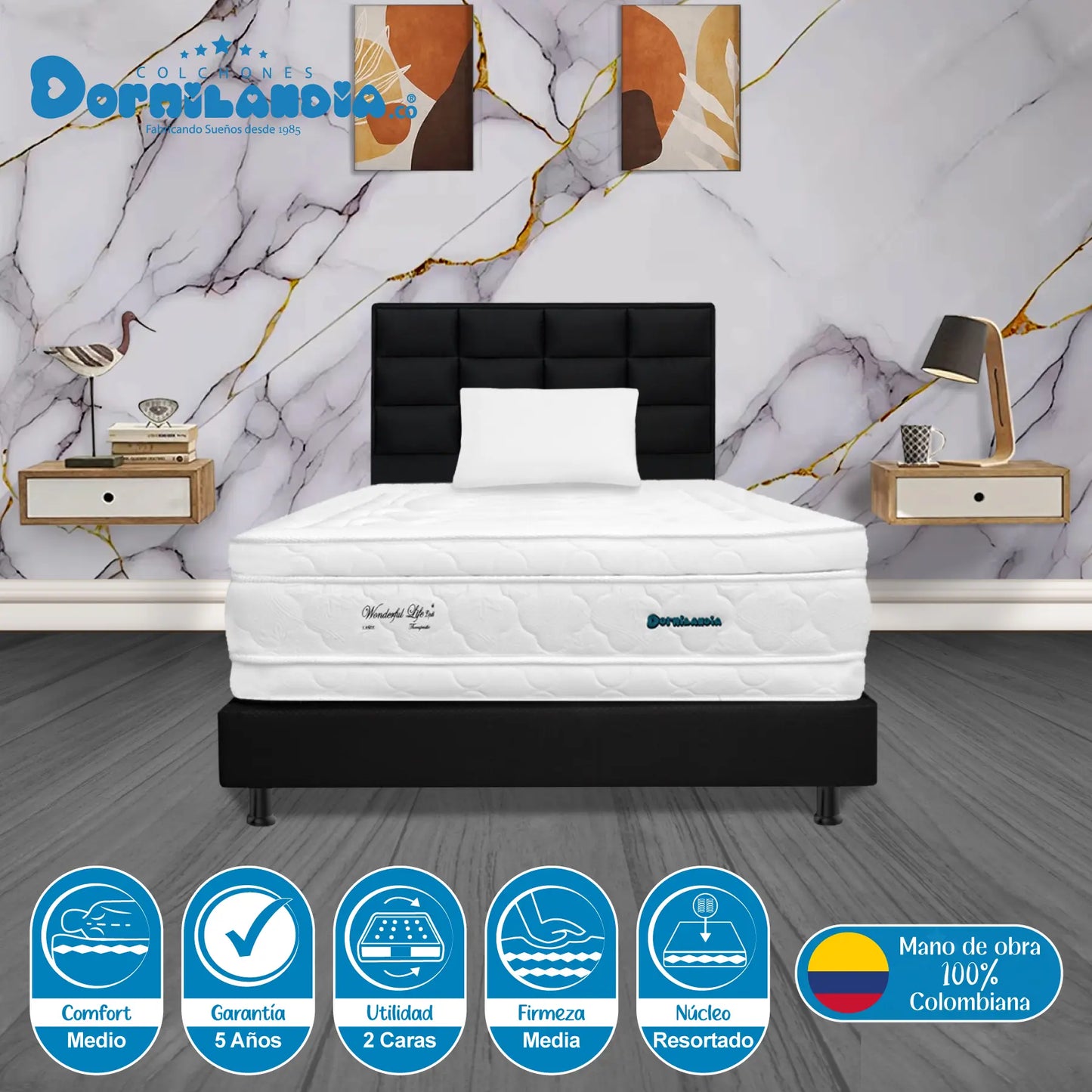 Mega Combo Colchón Resortado Wonderful DP + Base Cama + Cabecero + Almohadas