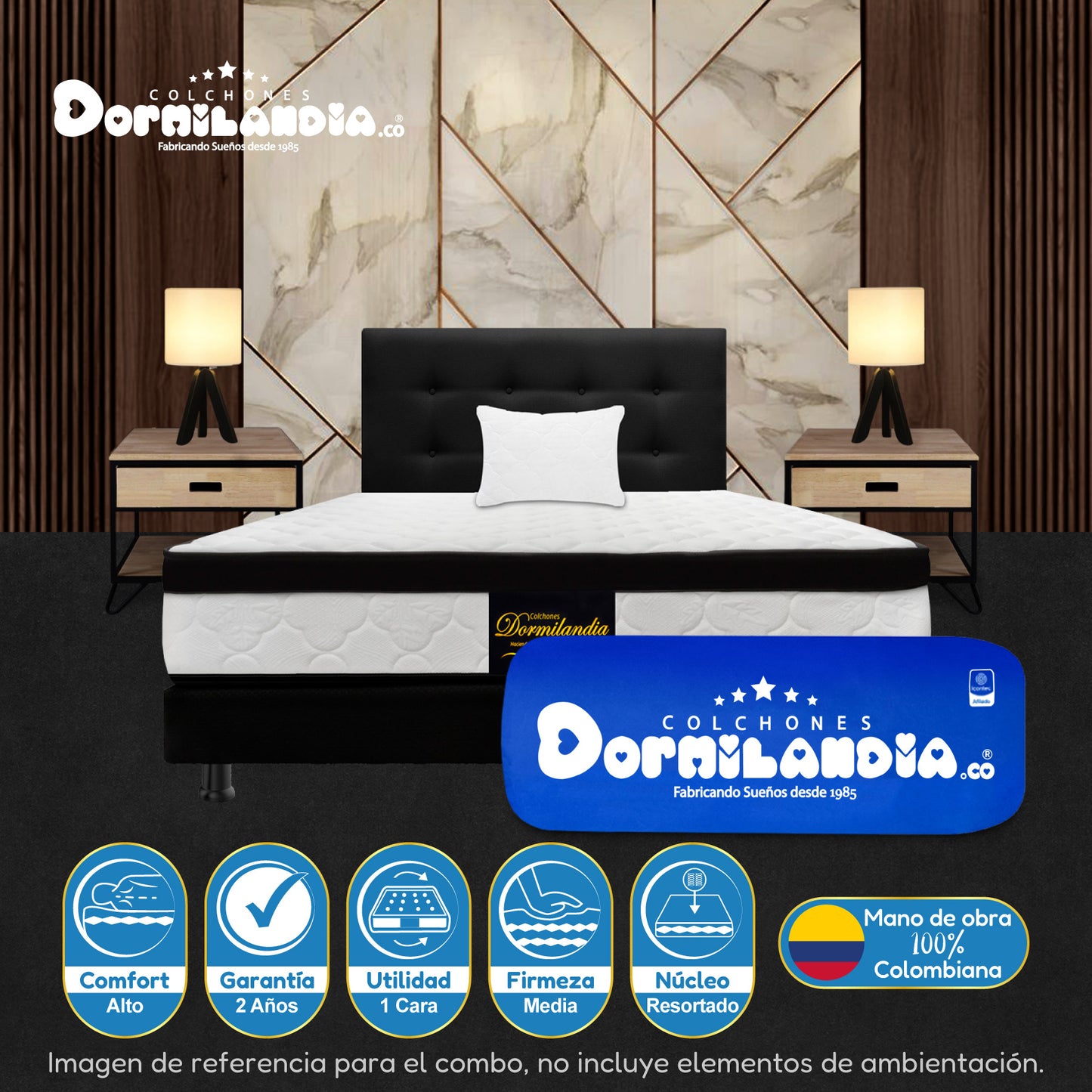 Mega Combo Colchón Resortado Versalles Enrollado En Tula Confortable + Base Cama + Cabecero + Almohadas
