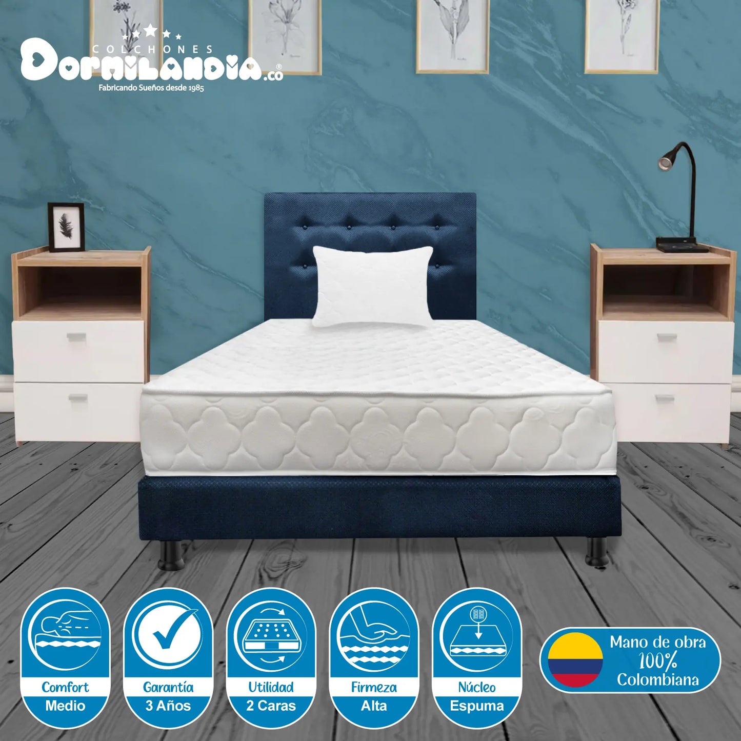 Mega Combo Colchón Espumado Ultraflex + Base Cama + Cabecero + Almohadas