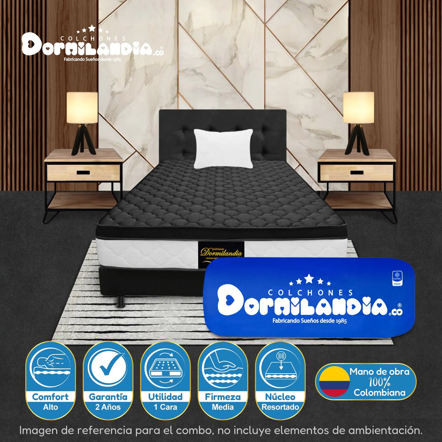 Mega combo Colchón Resortado Dublín Enrollado En Tula Confortable + Base Cama + Cabecero + Almohadas