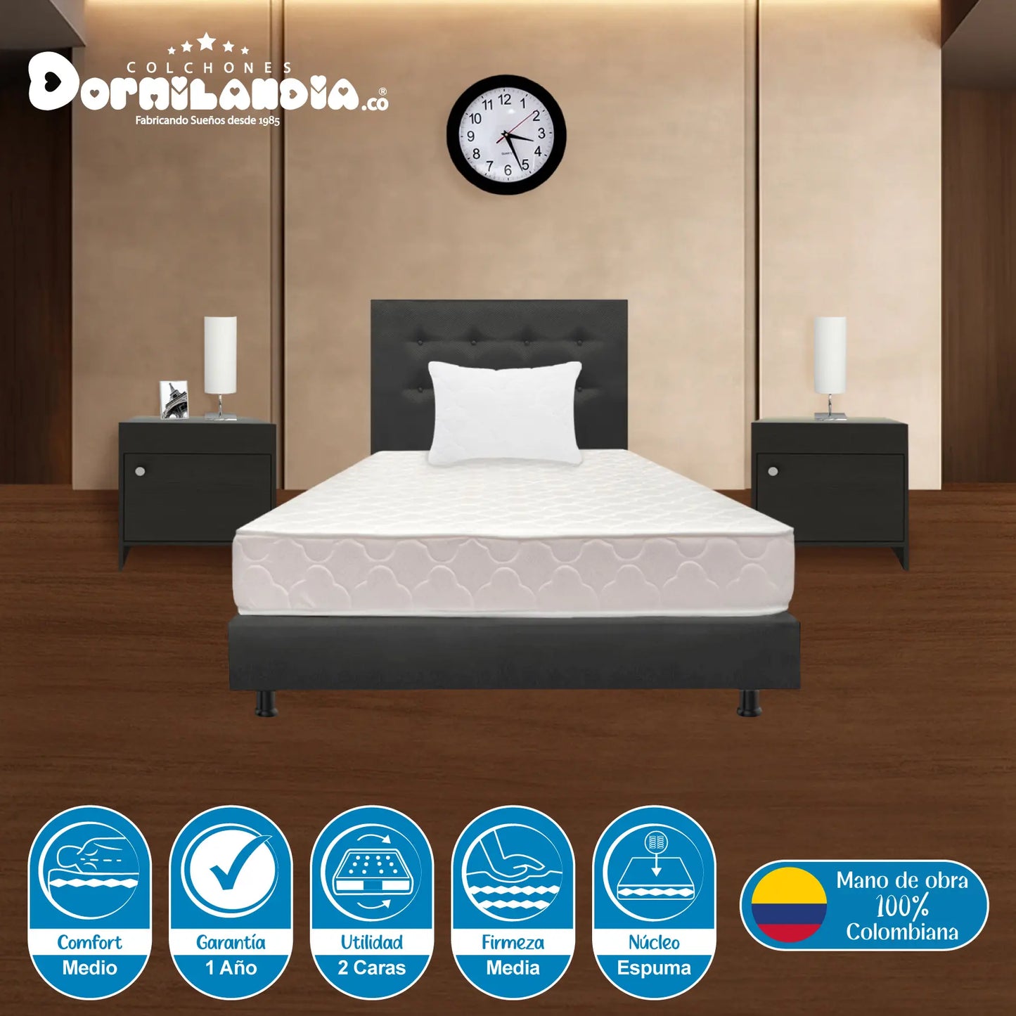 Mega Combo Colchón Espumado Multisleep + Base Cama + Cabecero + Almohadas