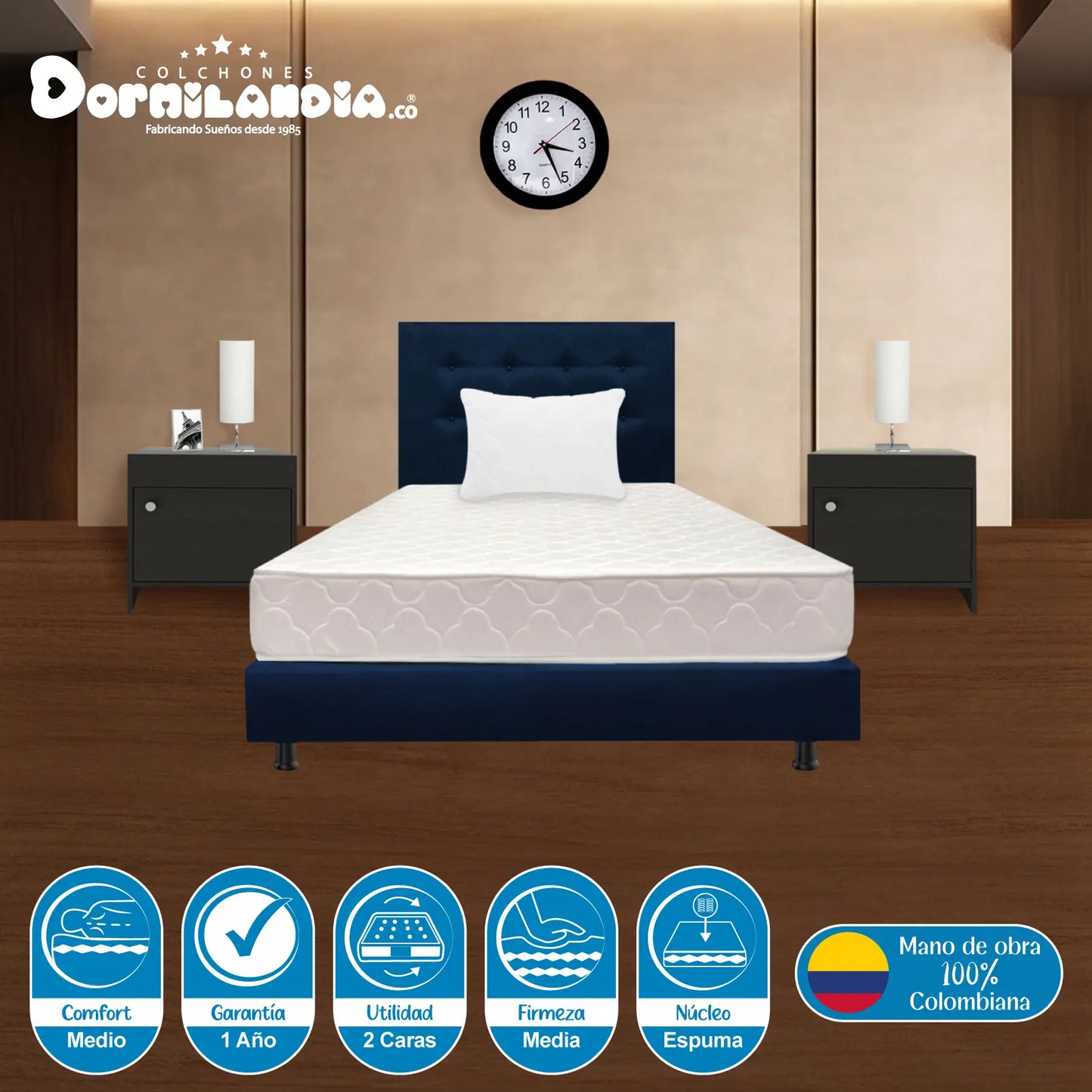 Mega Combo Colchón Espumado Multisleep + Base Cama + Cabecero + Almohadas