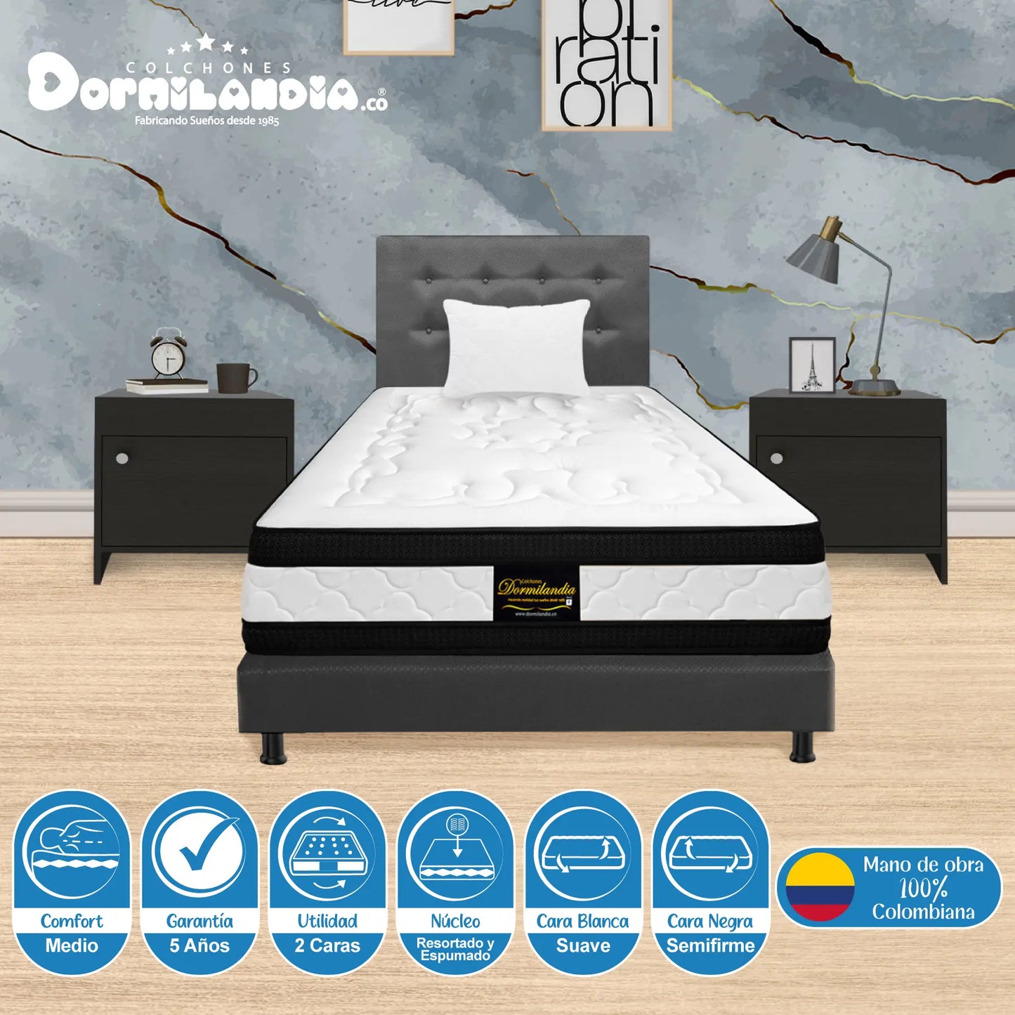 Mega Combo Colchón Híbrido Resortado Doble Sensacíon + Base Cama + Cabecero + Almohadas
