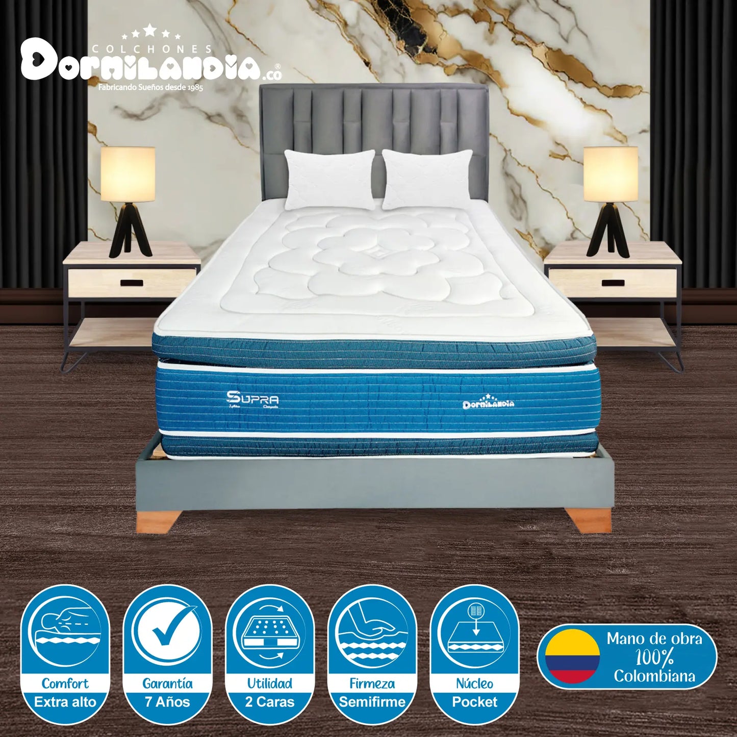 Mega Combo Colchón Pocket Supra + Base Cama + Cabecero + Almohadas