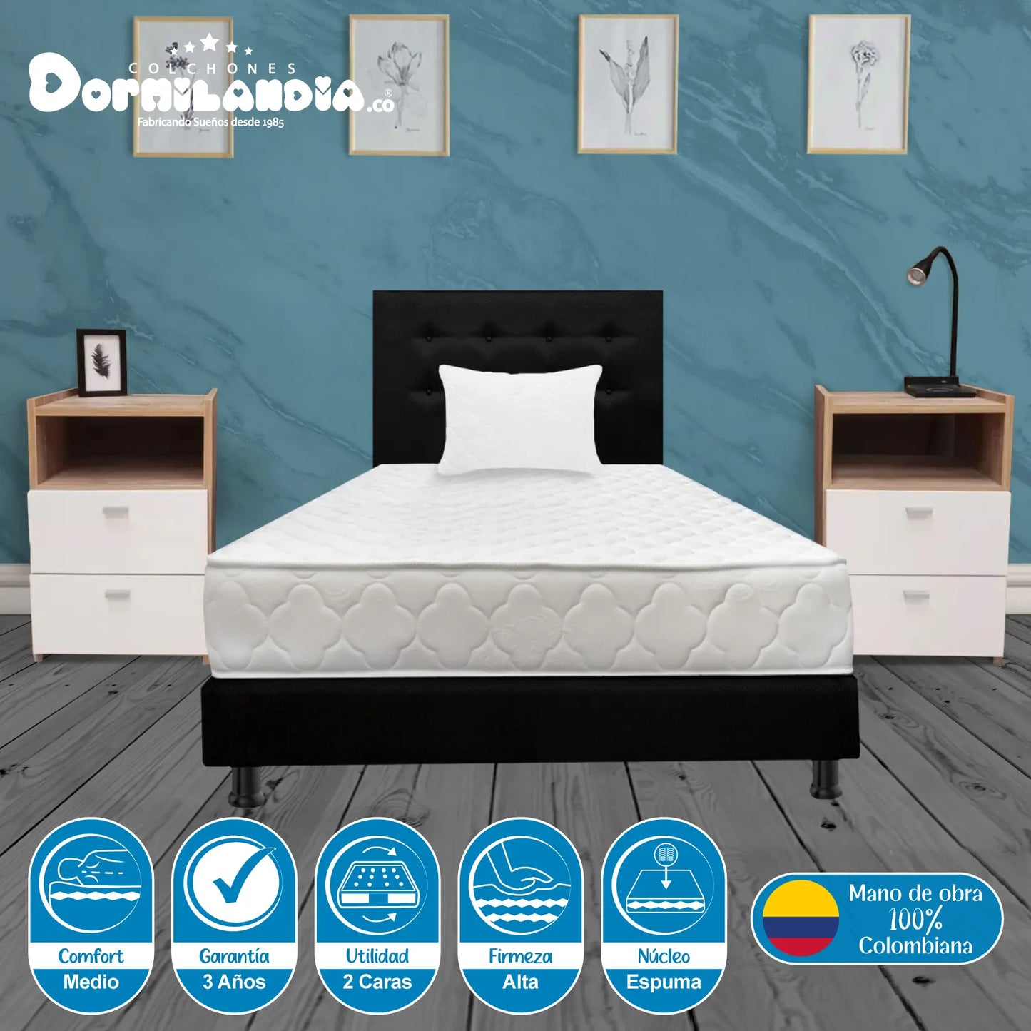 Mega Combo Colchón Espumado Ultraflex + Base Cama + Cabecero + Almohadas