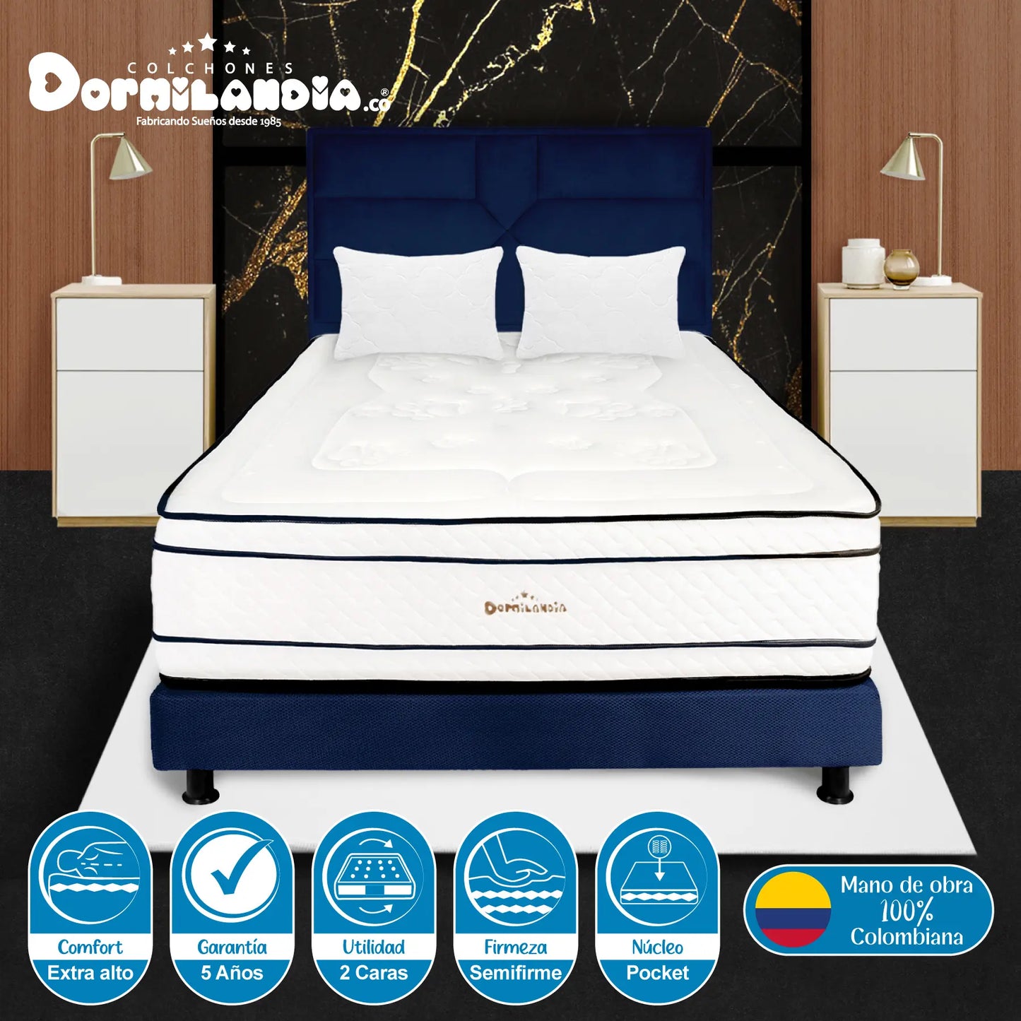 Mega Combo Colchón Pocket Infinity + Base Cama + Cabecero + Almohadas