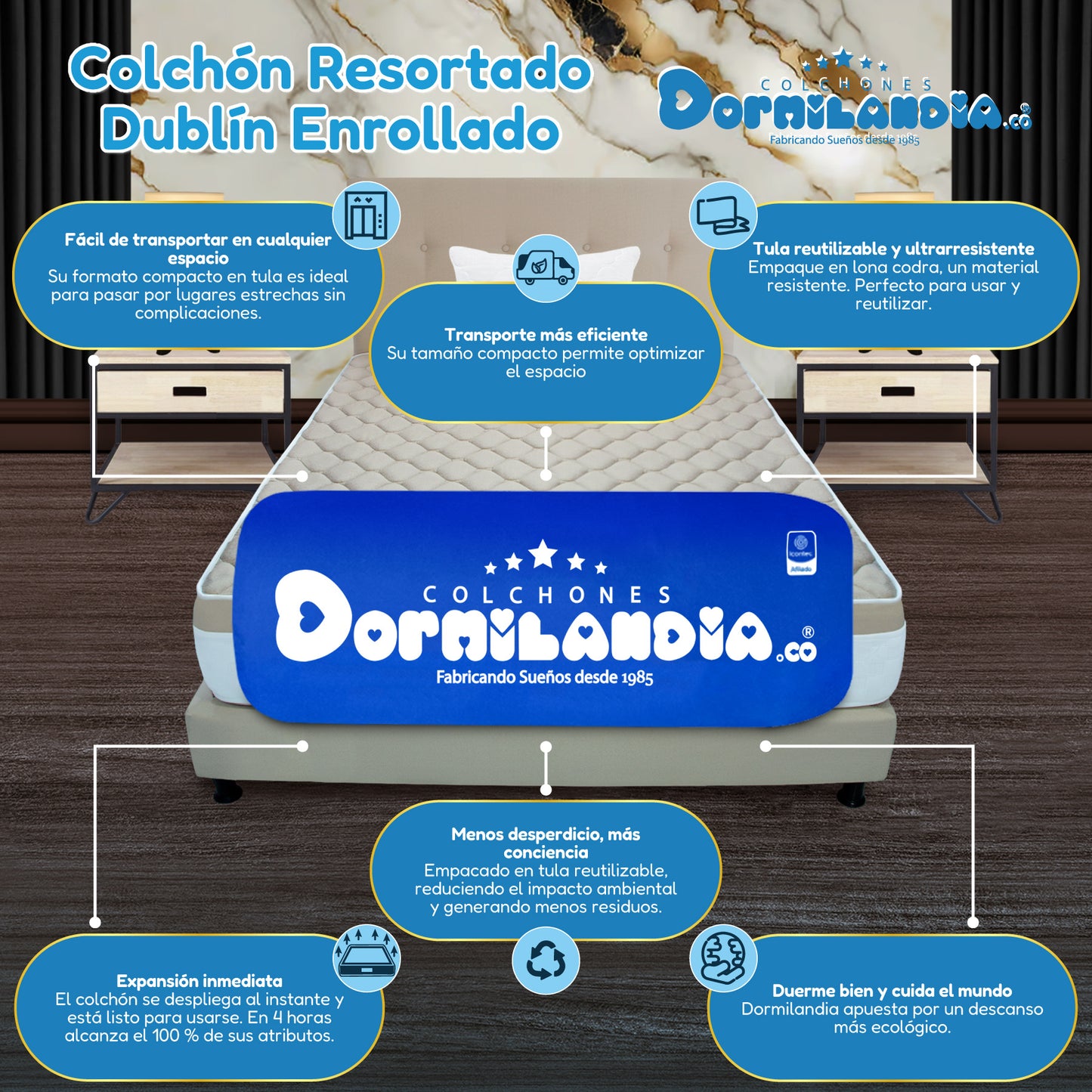 Mega combo Colchón Resortado Dublín Enrollado En Tula Confortable + Base Cama + Cabecero + Almohadas