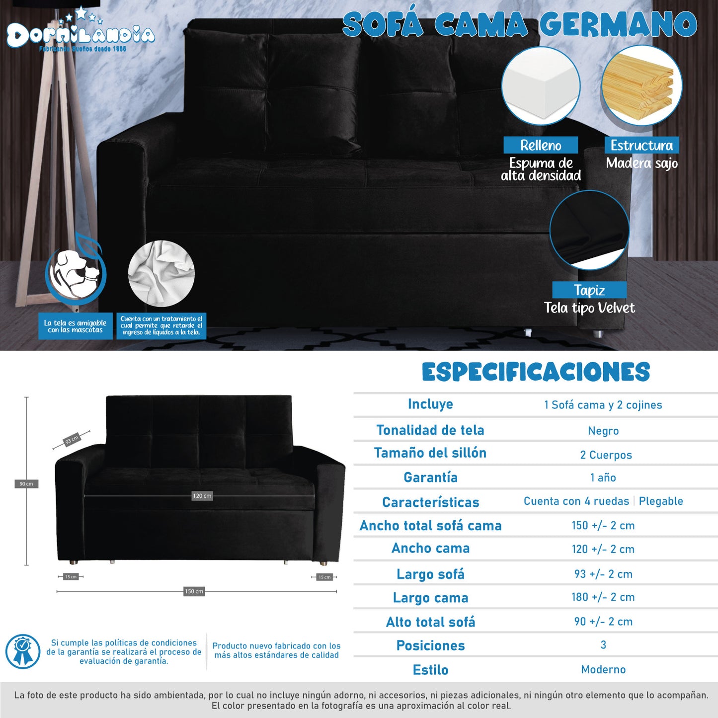 Sofá Cama Germano 3 Posiciones + 2 Cojines