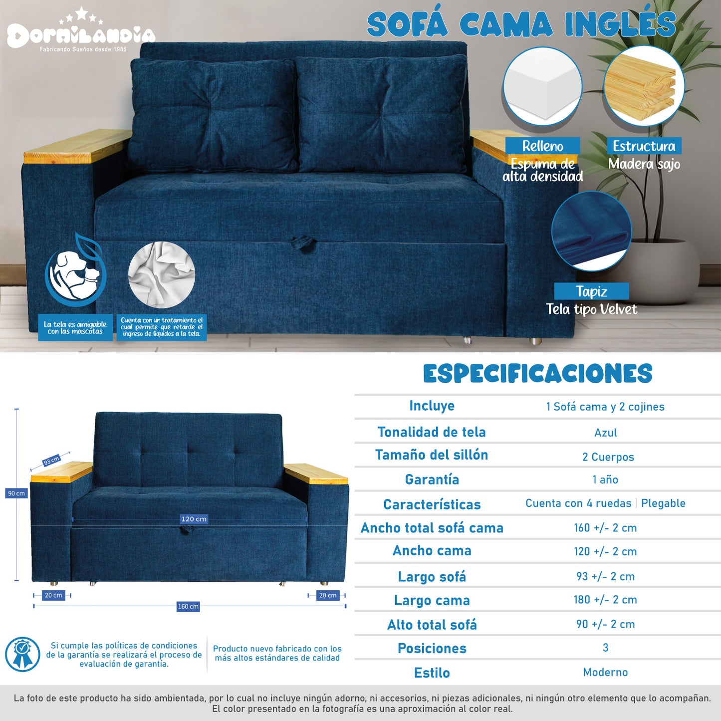 Sofá Cama Inglés 3 Posiciones + 2 Cojines