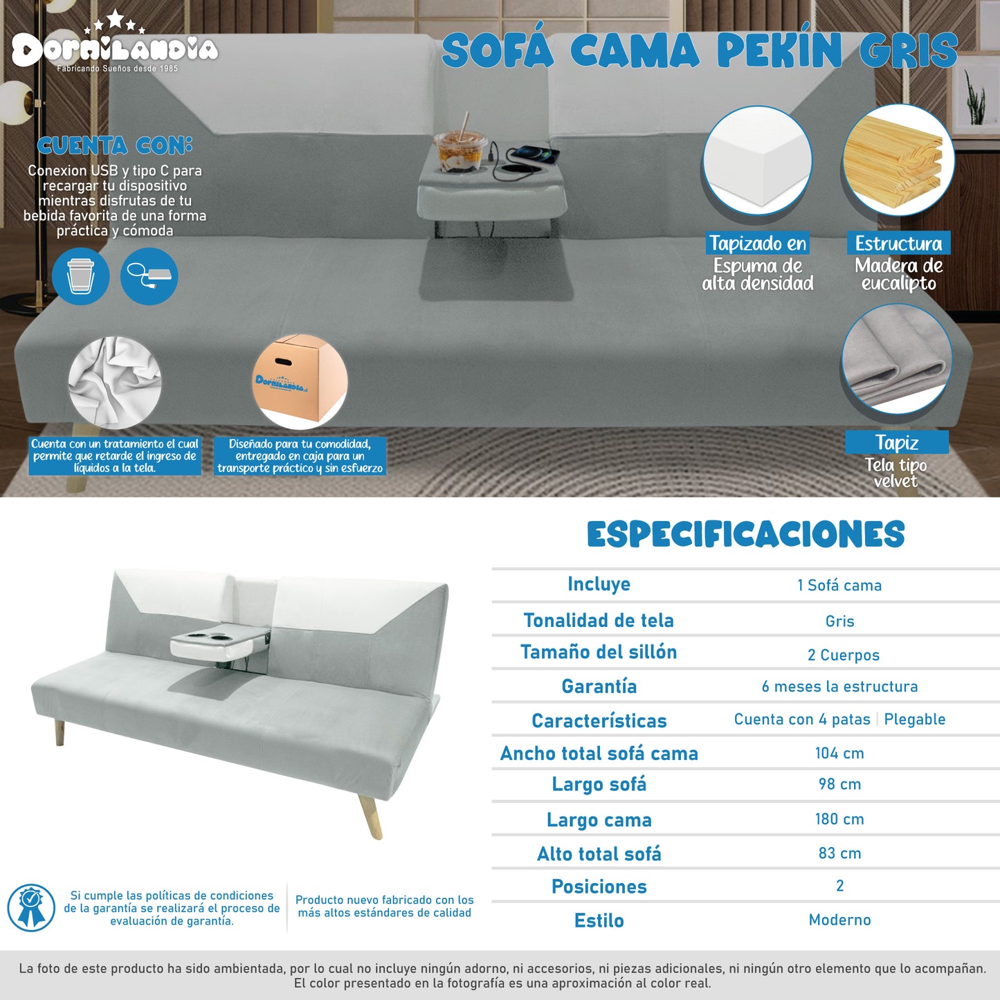 Sofá Cama Pekín 2 Puestos Con Cargador y Porta Vasos