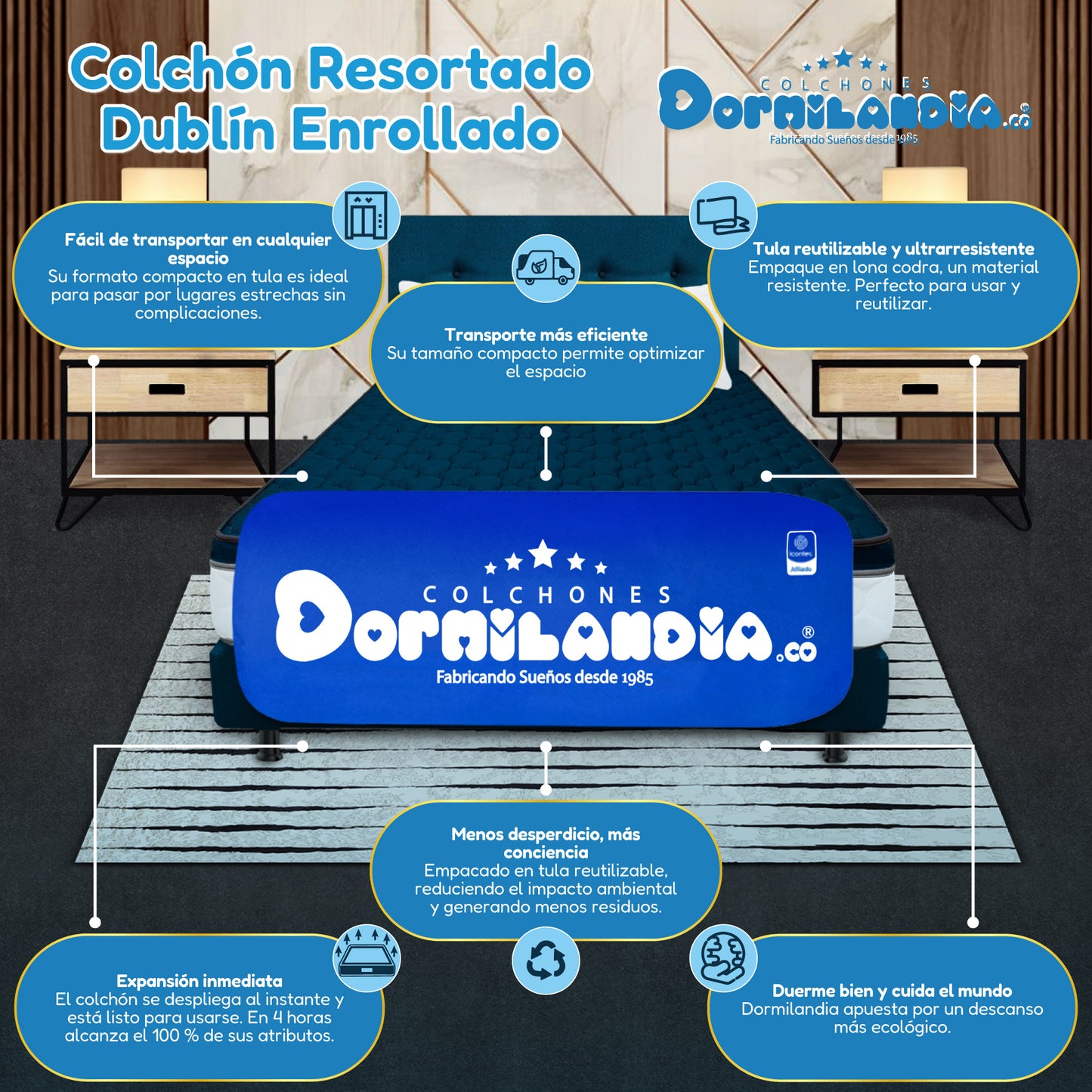 Mega combo Colchón Resortado Dublín Enrollado En Tula Confortable Amor y Amistad