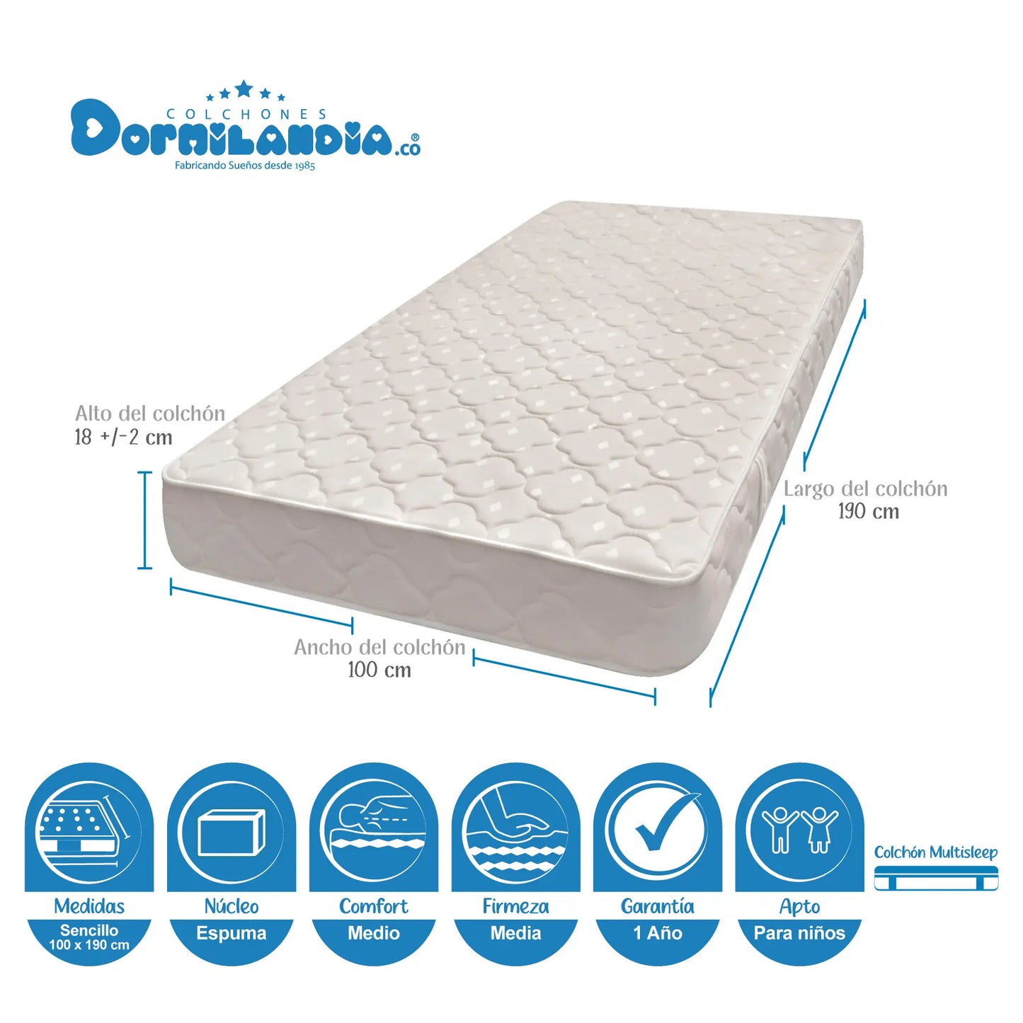 Mega Combo Colchón Espumado Multisleep + Base Cama + Cabecero + Almohadas