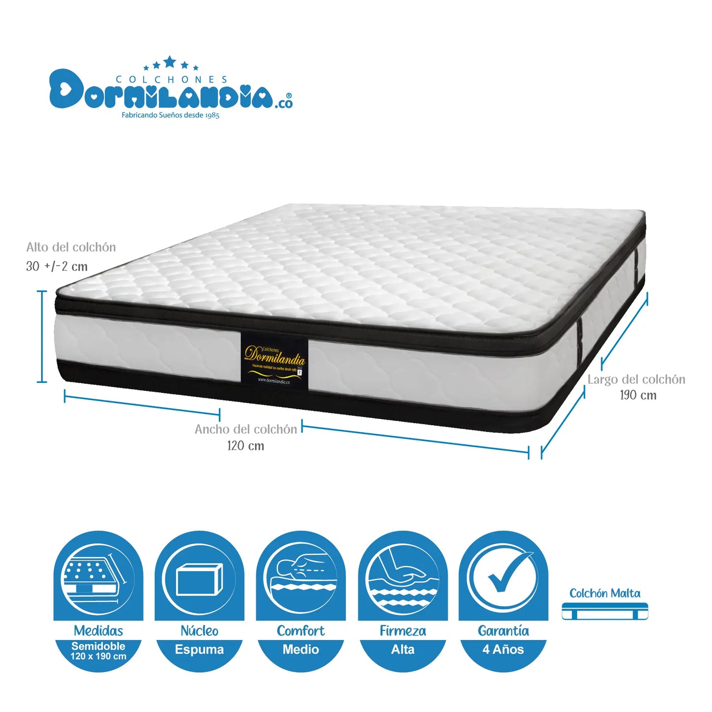 Mega Combo Colchón Espumado Malta + Base Cama + Cabecero + Almohadas
