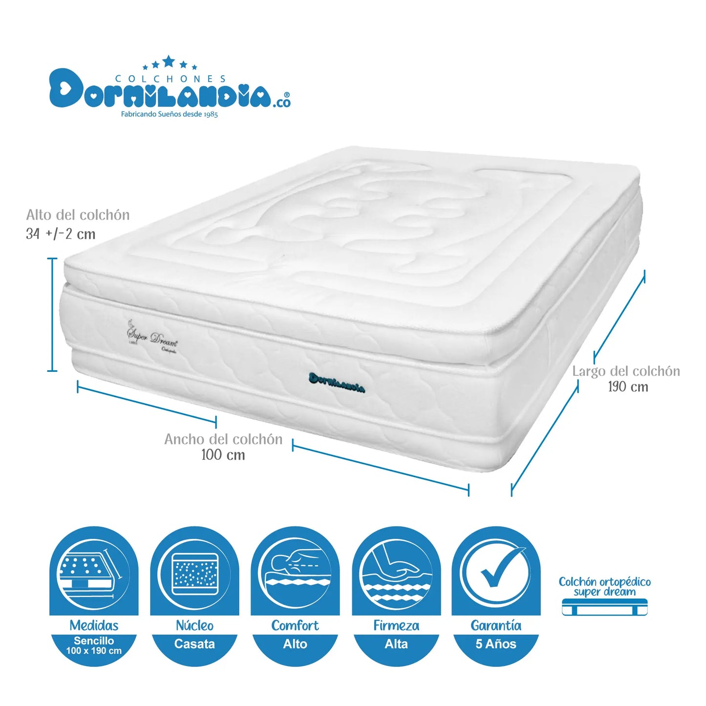 Mega Combo Colchón Resortado Super Dream Plus + Base Cama + Cabecero + Almohadas