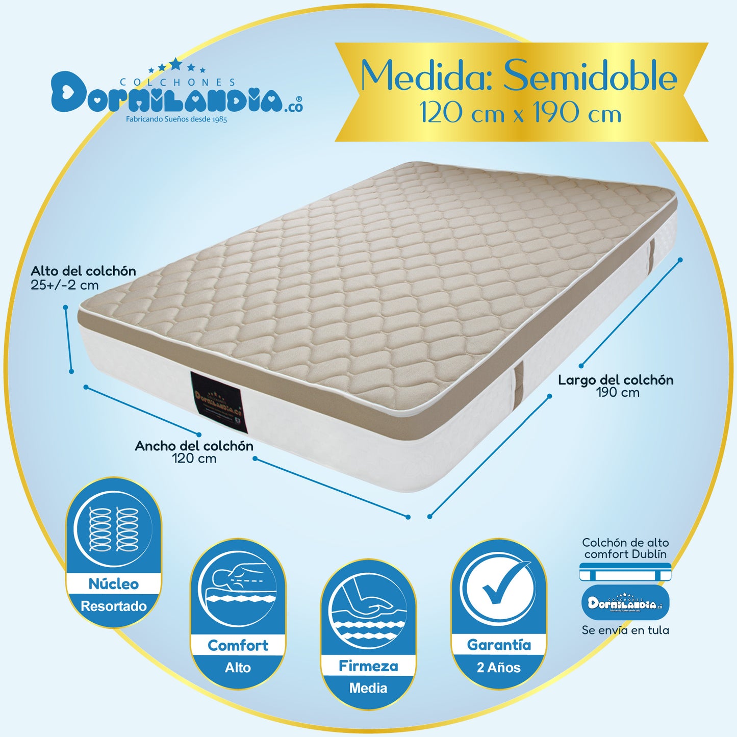 Mega combo Colchón Resortado Dublín Enrollado En Tula Confortable + Base Cama + Cabecero + Almohadas