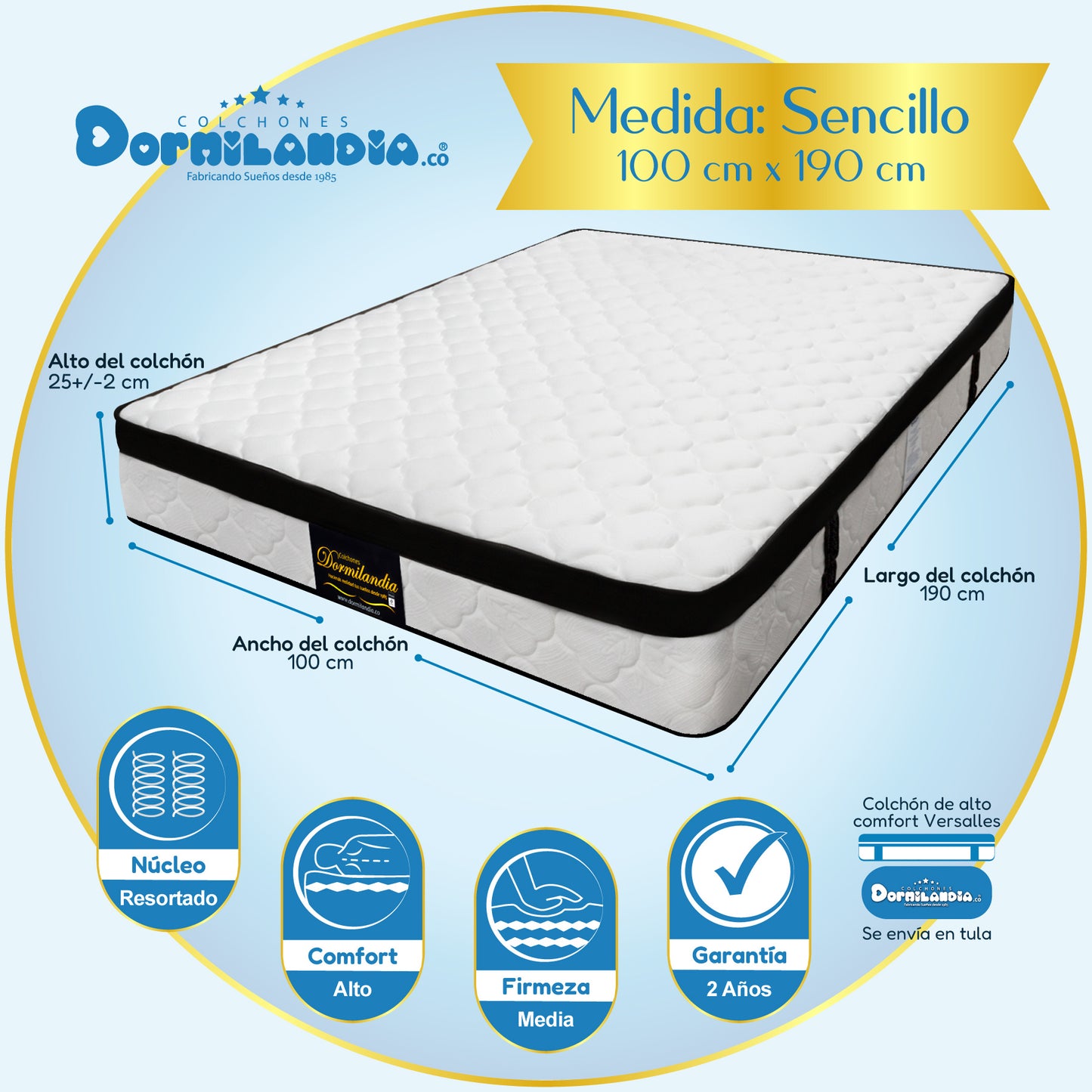 Mega Combo Colchón Resortado Versalles Enrollado En Tula Confortable + Base Cama + Cabecero + Almohadas