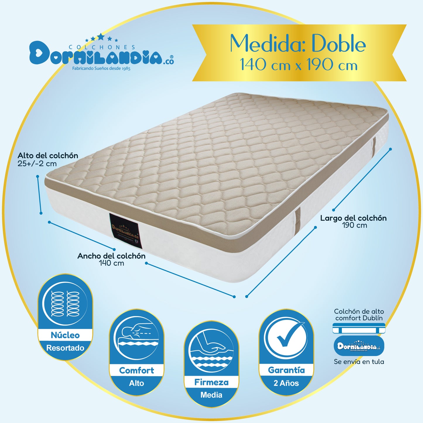 Mega combo Colchón Resortado Dublín Enrollado En Tula Confortable + Base Cama + Cabecero + Almohadas