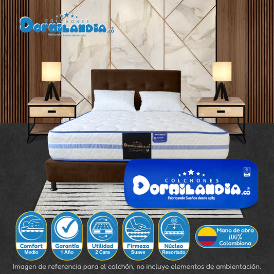 Mega Combo Colchón Caribe Resortado Enrollado + Base Cama+ Cabecero +Almohadas