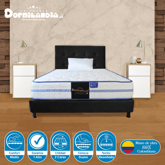 Mega Combo Colchón Caribe King Resortado + Base Cama + Cabecero + Almohadas